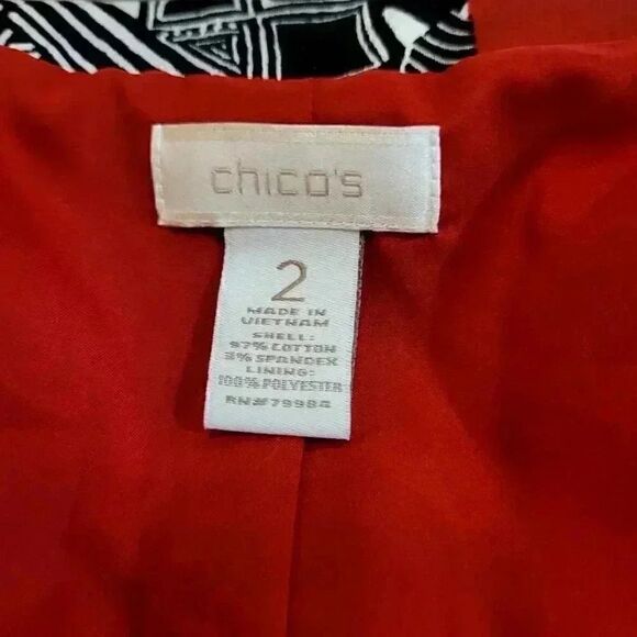 Chico's Women's Red/White/Black Cotton Blend Geometric Print Open Front Lined Ja - Picture 8 of 12